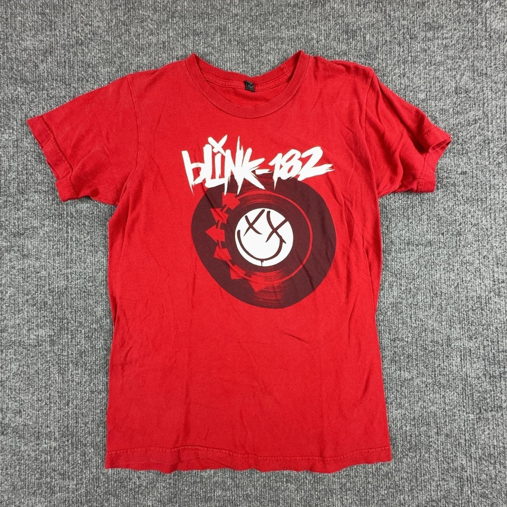Blink-182 Shirt Mens Small Red Logo Smiley Face Graphic Band Rock Music Tee